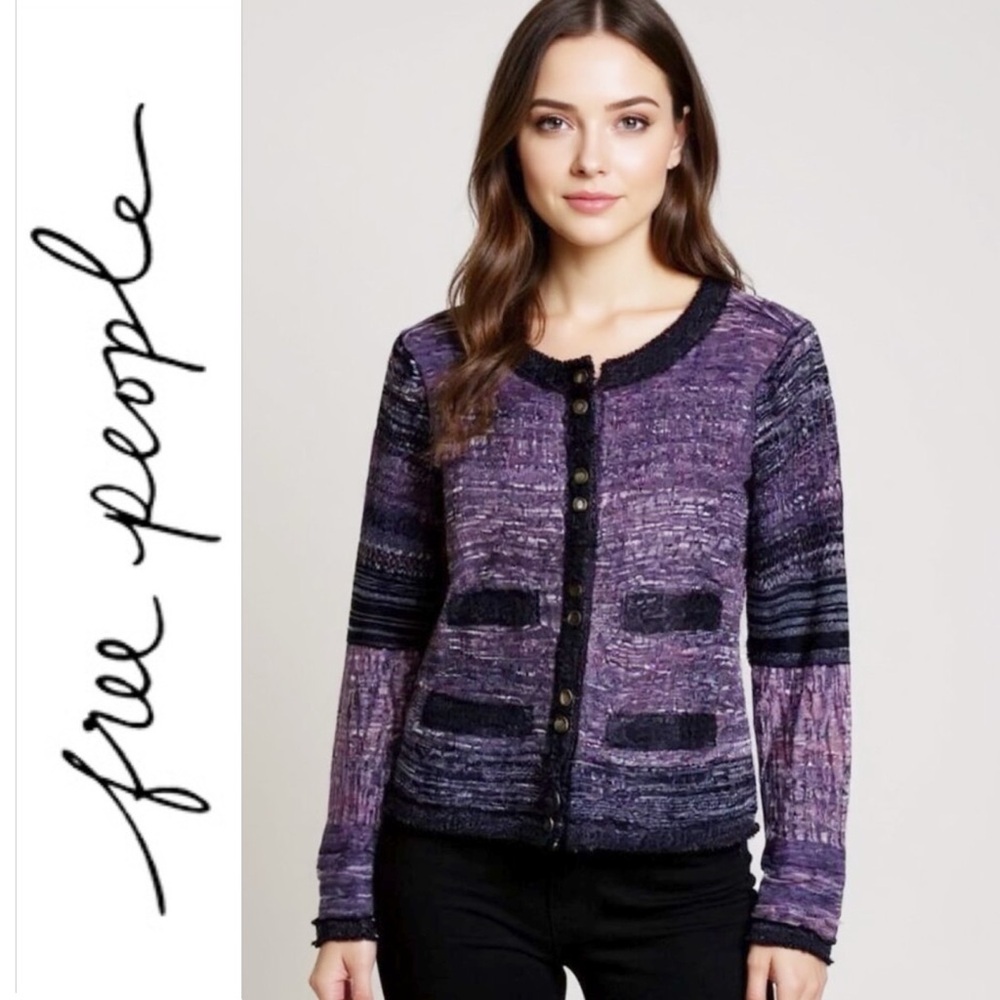 Free People Boucle Purple Women's Jacket Knit Sweater Cardigan Size Small